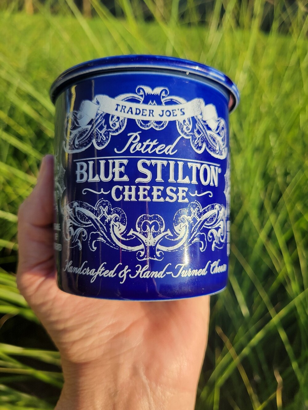 Trader Joe's Vintage Look Cobalt Blue Stilton Cheese Crock Ceramic Jar Farmhouse